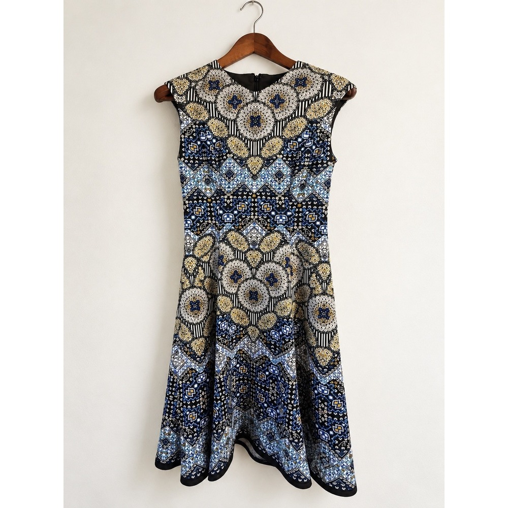 ADORN Women's Blue Black Geometric Print A Line Dress Size 2 Boho Chic Fit Flare